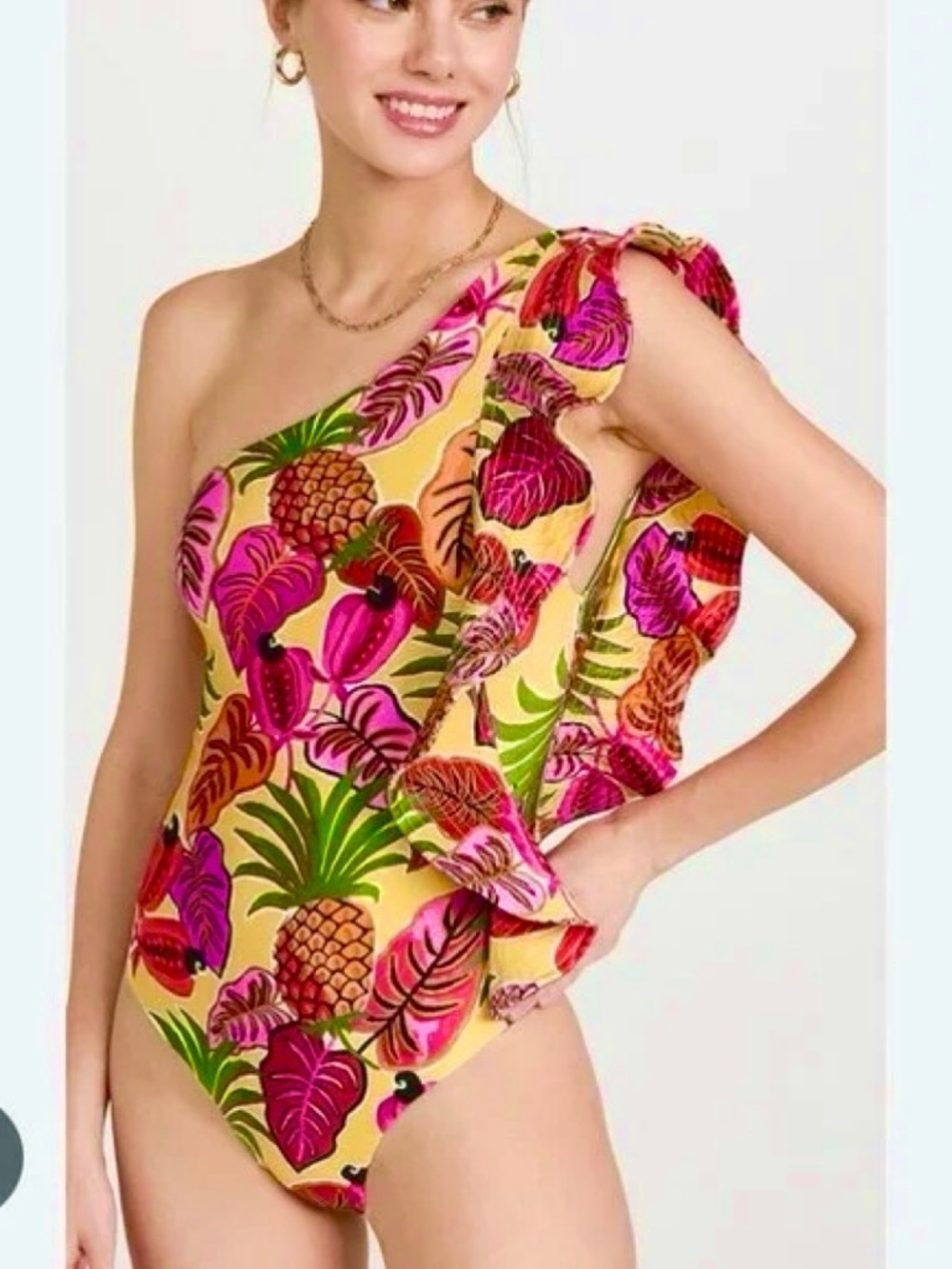 FARM Rio Fruit Dream One Shoulder Ruffle Swimsuit Bikini S Pineapple Tropical
